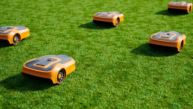A lawn robots mow the yard. Wireless robotic lawn mowers trim the grass.