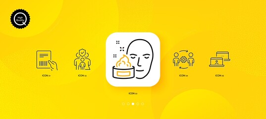 Fototapeta na wymiar Parcel invoice, Engineering team and Face cream minimal line icons. Yellow abstract background. Outsource work, Family insurance icons. For web, application, printing. Vector