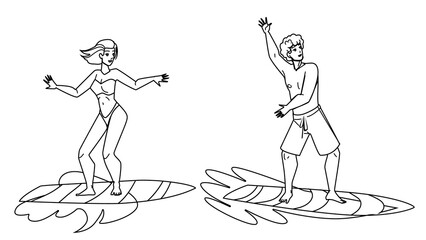 Surfing Young Man And Woman Togetherness Vector. Happy Boy And Girl Surfers Surfing On Ocean Waves. Characters Enjoying And Exercising Extremal Sport On Surfboard black line illustration