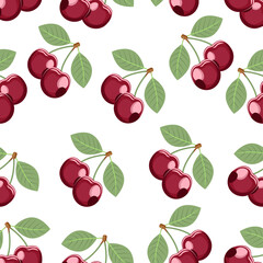 Seamless pattern of a cherry berry twig with leaves on a white background.Vector pattern can be used in textiles, juice packs, jams, postcards.