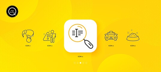 Fototapeta na wymiar Elephant on ball, Search employee and Search text minimal line icons. Yellow abstract background. Taxi, Dog feeding icons. For web, application, printing. Vector