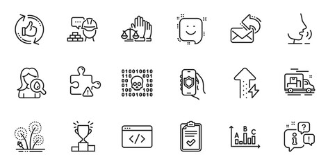 Outline set of Moisturizing cream, Share mail and Security app line icons for web application. Talk, information, delivery truck outline icon. Include Winner podium, Seo script, Build icons. Vector