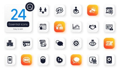 Set of Business flat icons. Copyright laptop, Share and Candlestick graph elements for web application. University campus, Change card, Bacteria icons. Stars, Handshake, Equity elements. Vector