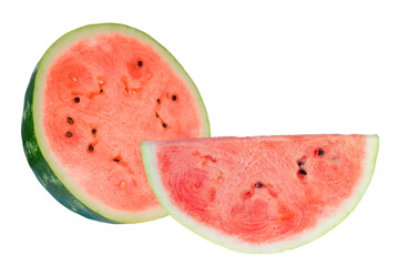 sliced piece of juicy watermelon and half of watermelon isolated on white background