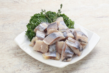 Herring fillet slice on the bowl