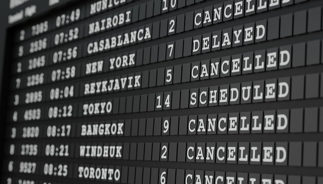 Flight departure board. Close up screen. Flights are cancelled or delayed. International airport, tourism and travel concept. 3D illustration