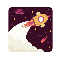 Orange rocket takes off into space. Vector illustration in flat cartoon stile