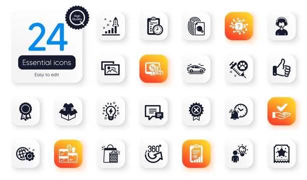 Set of Business flat icons. Checklist, Artificial intelligence and Alarm clock elements for web application. Photo album, Dog vaccination, Like hand icons. Group people, Consultant. Vector