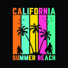 California summer beach vintage style t-shirt and apparel trendy design with silhouettes, typography, print, vector illustration