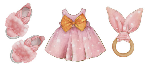 Watercolor pink baby clothes, baby shoes, teether, baby shower, boho baby clipart