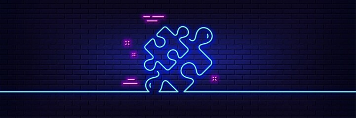 Neon light glow effect. Puzzle pieces line icon. Jigsaw game challenge sign. Business solution symbol. 3d line neon glow icon. Brick wall banner. Puzzle outline. Vector