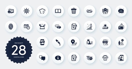 Set of Technology icons, such as Food delivery, Chemistry pipette and Fingerprint flat icons. Phone survey, Development plan, Quick tips web elements. Calendar, Journey, Reject file signs. Vector