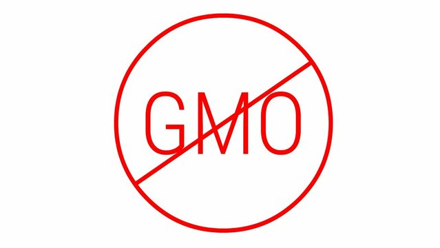 Animated red icon GMO free. Non genetically modified foods. Vector illustration isolated on white background.