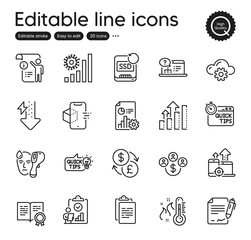 Set of Science outline icons. Contains icons as Currency exchange, Inspect and Manual doc elements. Education idea, Signing document, Energy drops web signs. Augmented reality. Vector