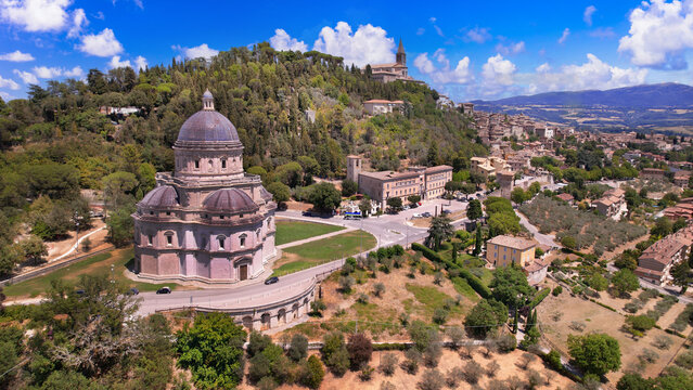 Todi - medieval historic town of Umbria. Aerial veiw of famous Basilica Consolazione. Italy travel and landmarks
