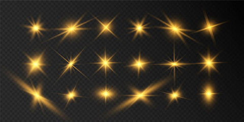 Set of bright beautiful stars. Light effect Bright Star. Beautiful light for illustration. Christmas star. White sparks sparkle with a special light. Vector sparkles on transparent background