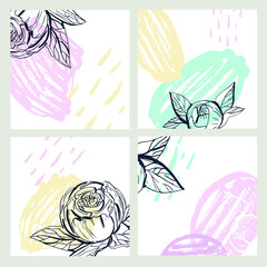 Fototapeta na wymiar Floral hand drawn doodle template design set. Flower set mix. Trendy background.