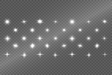 Set of bright beautiful stars. Light effect Bright Star. Beautiful light for illustration. Christmas star. White sparks sparkle with a special light. Vector sparkles on transparent background