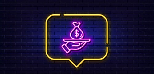 Neon light speech bubble. Loan line icon. Business mortgage sign. Money bag on plate symbol. Neon light background. Loan glow line. Brick wall banner. Vector