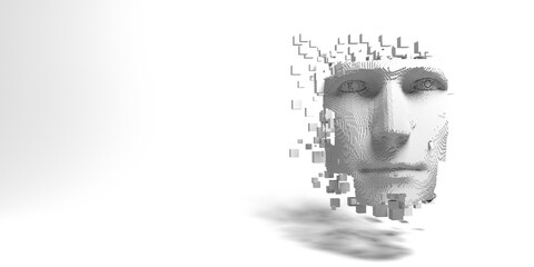 Artificial intelligence conceptual face made of dissolving vortexes with copy space