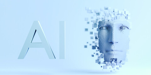 Artificial intelligence conceptual face made of dissolving vortexes