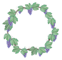Watercolor grape with leaves, branch clipart wreath for baby shower, greeting card