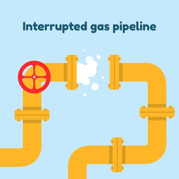 Interrupted gas pipeline illustration, banner, global crisis advertisement concept, energy supply and demand sign, marketing vector, industrial pipe valve wheel, isolated on background