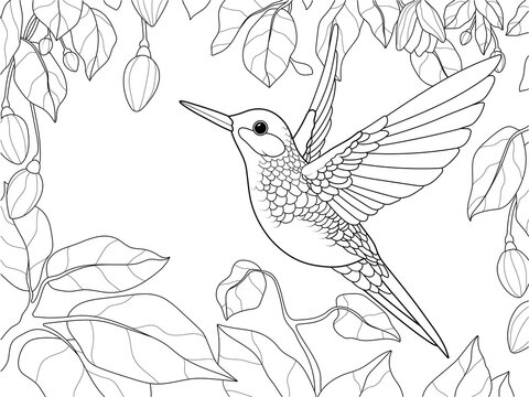 Bird, hummingbird in a blooming garden. Raster, page for printable children coloring book.