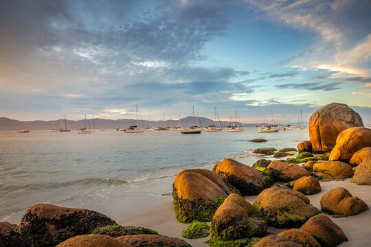 Boats and sailboats in Jurere beach Florianopolis, Brazil