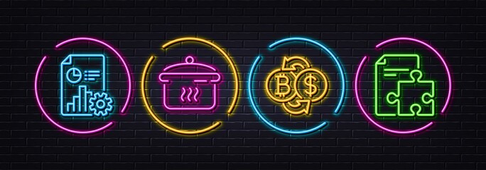 Boiling pan, Report and Bitcoin exchange minimal line icons. Neon laser 3d lights. Strategy icons. For web, application, printing. Cooking utensil, Presentation document, Cryptocurrency change. Vector