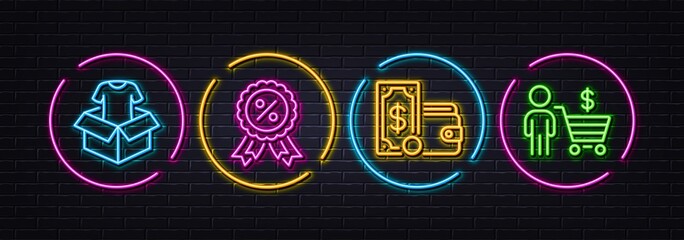 Discount medal, Wallet money and Clothing minimal line icons. Neon laser 3d lights. Buyer icons. For web, application, printing. Sale award, Usd bill, Donate shirt. Shopping cart. Vector