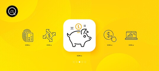 Fototapeta na wymiar Buy currency, Saving money and Card minimal line icons. Yellow abstract background. Graph laptop, Payment exchange icons. For web, application, printing. Vector
