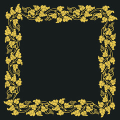 Gold frame with grape leaves ornament on black background