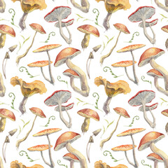 Square seamless pattern with hand painted different mushrooms and green leaves on white background. Wallpapers and wrapping paper design