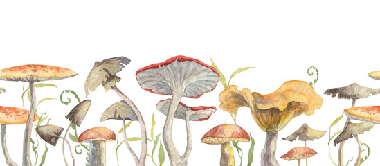 Long seamless banner with mushrooms. Watercolor hand painted illustration