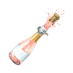 A glass bottle with pink champagne flying out with a cork. Watercolor illustration. An isolated object from a large set of happy BIRTHDAY. For decoration and composition, a congratulatory theme © NATASHA-CHU