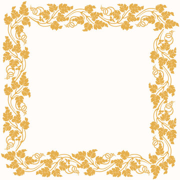 Gold frame with grape leaves ornament on white background