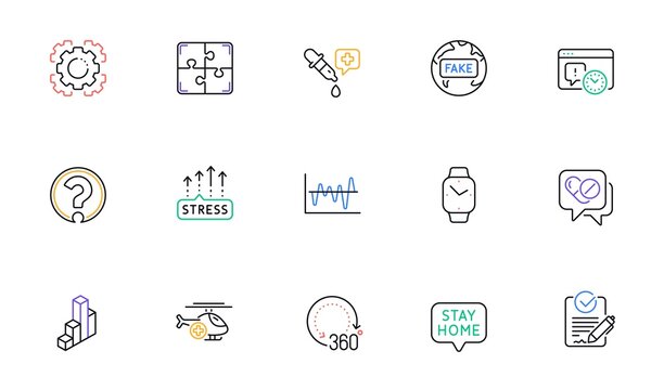 Project deadline, Stress grows and Stay home line icons for website, printing. Collection of Rfp, Chemistry pipette, Medical helicopter icons. Seo gear, Fake news, Puzzle web elements. Vector