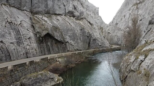 drone flying over torio river in gorges de vegacervera