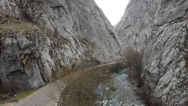 drone flying over torio river in gorges de vegacervera