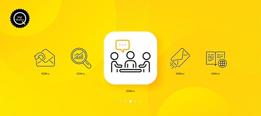 Fototapeta na wymiar People chatting, Internet book and E-mail minimal line icons. Yellow abstract background. Send mail, Data analysis icons. For web, application, printing. Conference, Web page, Mail delivery. Vector