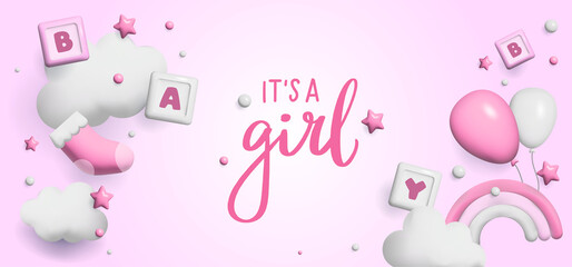 Fototapeta na wymiar Baby shower 3d space. Banner poster on Baby shower in render style. Lettering its a girl. 