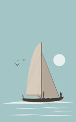 Beautiful seascape. A boat or yacht floats on the sea against the backdrop of the sun.