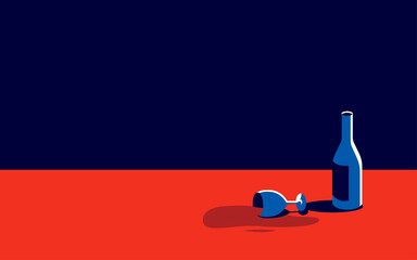 Vector illustration of a bottle of wine and a spilled glass with red wine next to it in a minimal style.