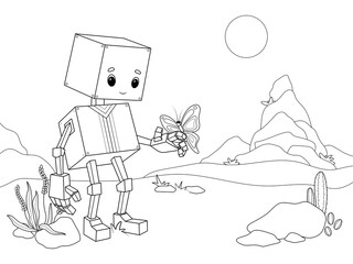 A robot in the desert communicates with a butterfly. Raster, page for printable children coloring book.