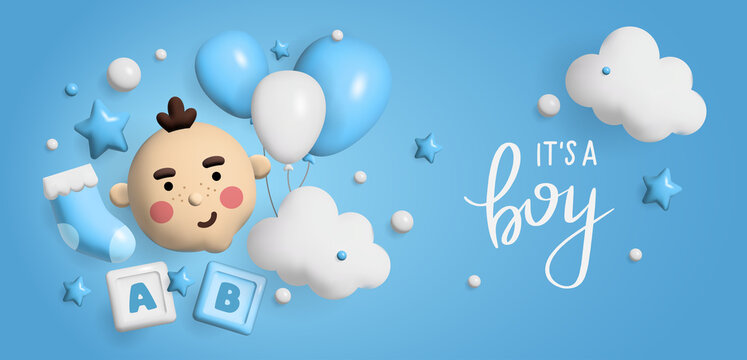 Baby shower 3d space. Banner poster on Baby shower in render style. Lettering it's a boy. Vector
