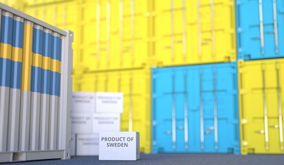Carton with PRODUCT OF SWEDEN text and many containers, 3D rendering