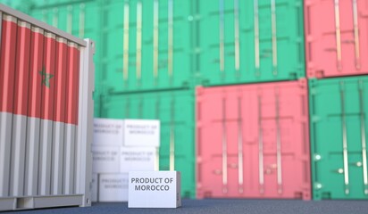 Carton with PRODUCT OF MOROCCO text and many containers, 3D rendering