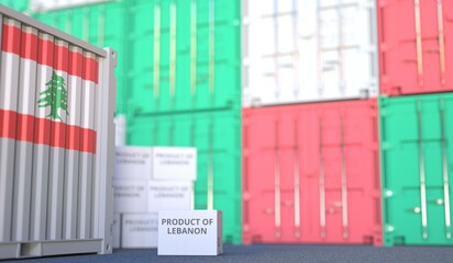 PRODUCT OF LEBANON text on the cardboard box and cargo terminal full of containers. 3D rendering
