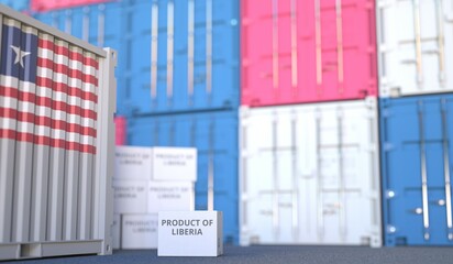 Carton with PRODUCT OF LIBERIA text and many containers, 3D rendering